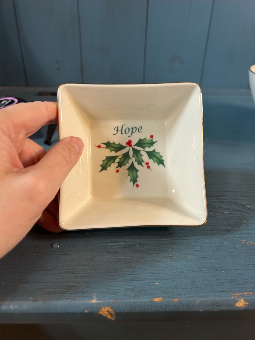 Lenox Cream Square Ceramic Trinket Dish with Gold Accent / Hope (New)